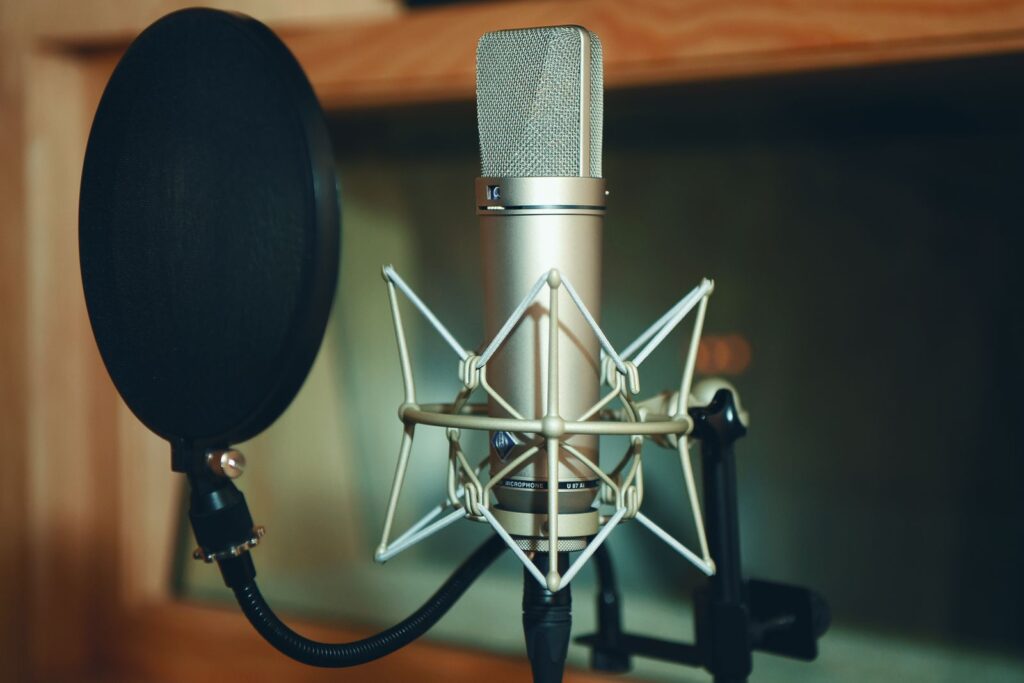 Studio microphone with pop filter for a voice acting demo reel